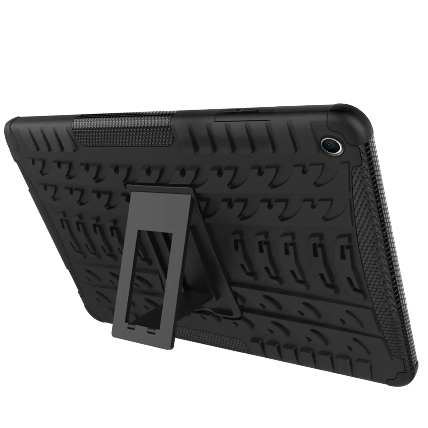 Schwarze Tablet-Hülle aus Gummi mit Ständer, Rückansicht, für iPad (7.-9. Gen.)