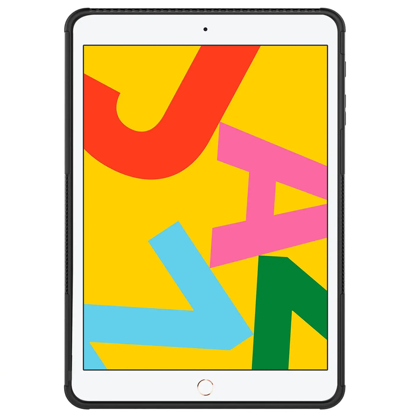 Schwarze Tablet-Hülle aus Kunststoff mit Ständerfunktion, Vorderansicht, zeigt ein iPad mit buntem Hintergrund.