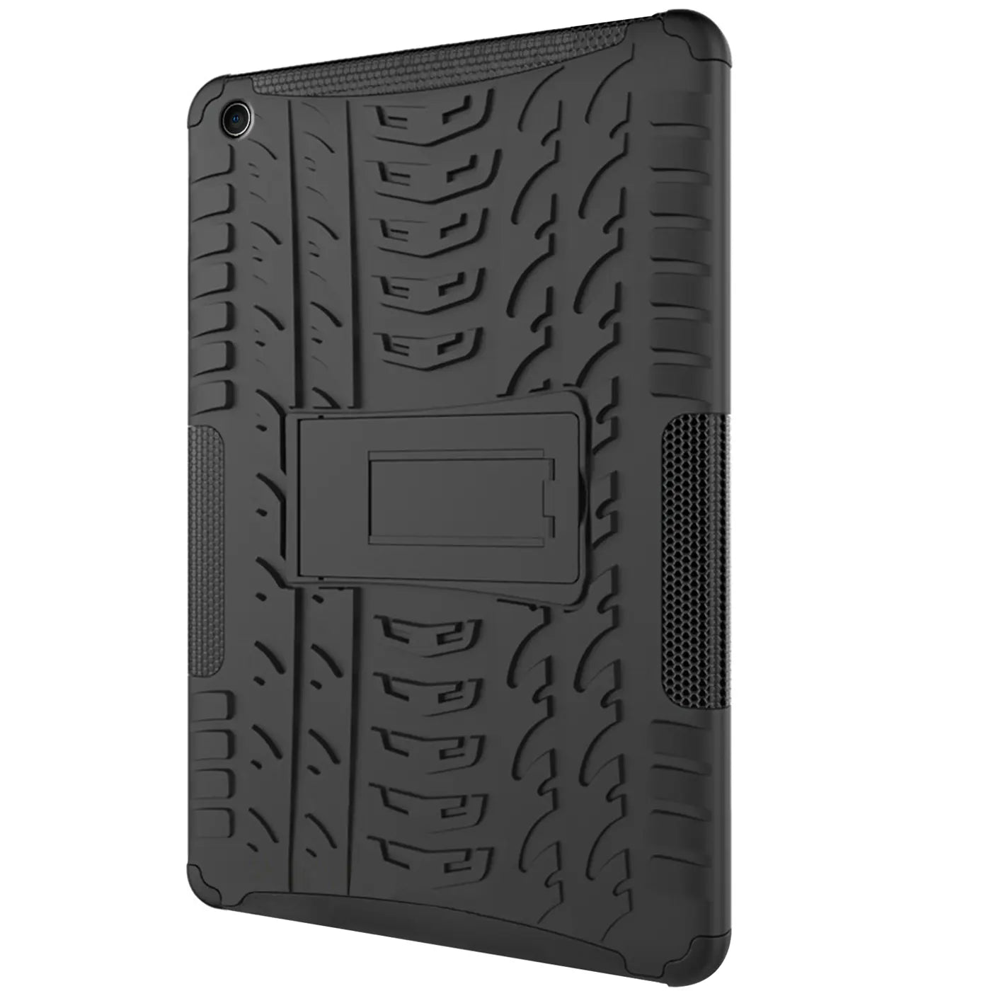 Schwarze Outdoor-Tablet-Hülle aus Gummi mit Ständer für iPad (7.-9. Gen.), Rückansicht