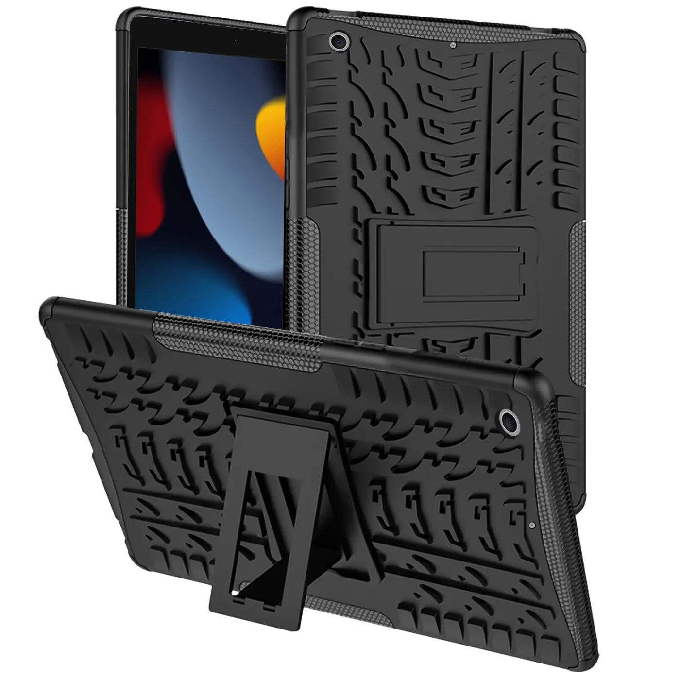 Schwarze Outdoor-Tablet-Hülle aus Gummi mit Ständer, zeigt iPad (7.-9. Gen.)