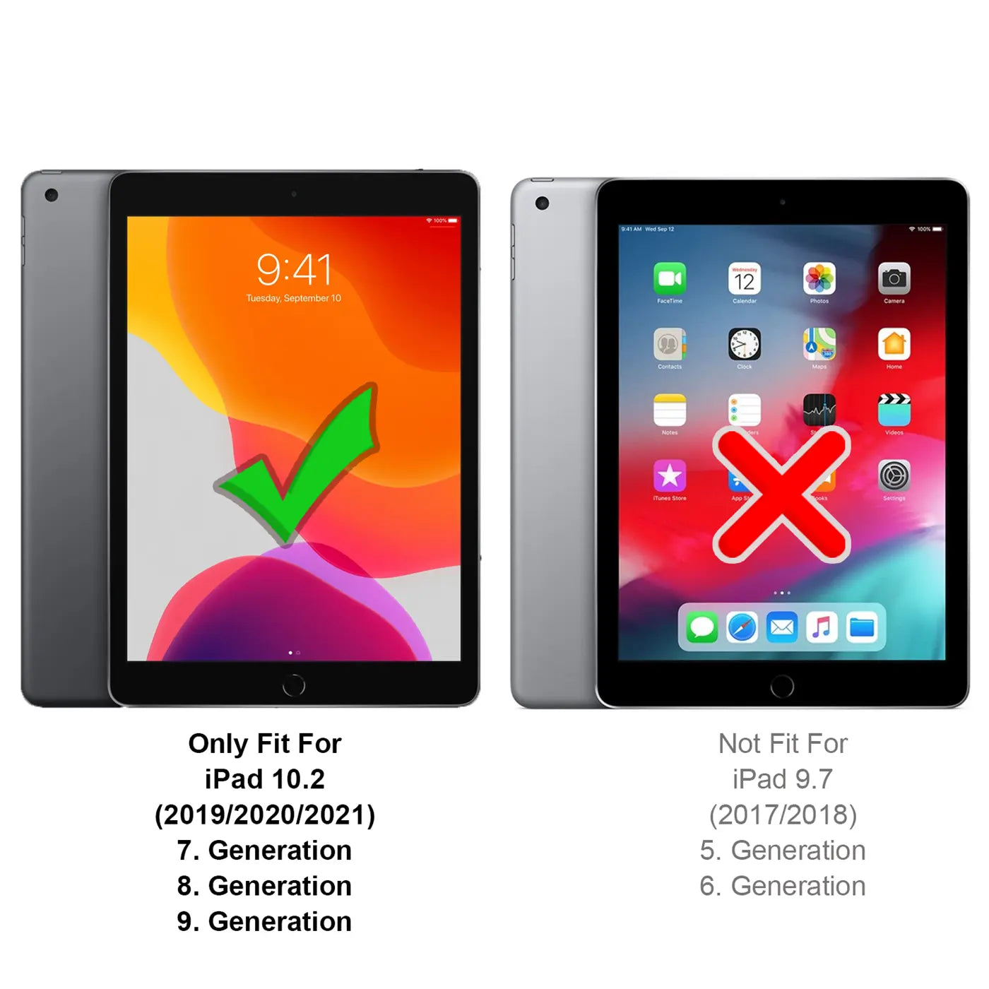 Zwei graue iPads nebeneinander. Links mit Häkchen, rechts mit Kreuz.