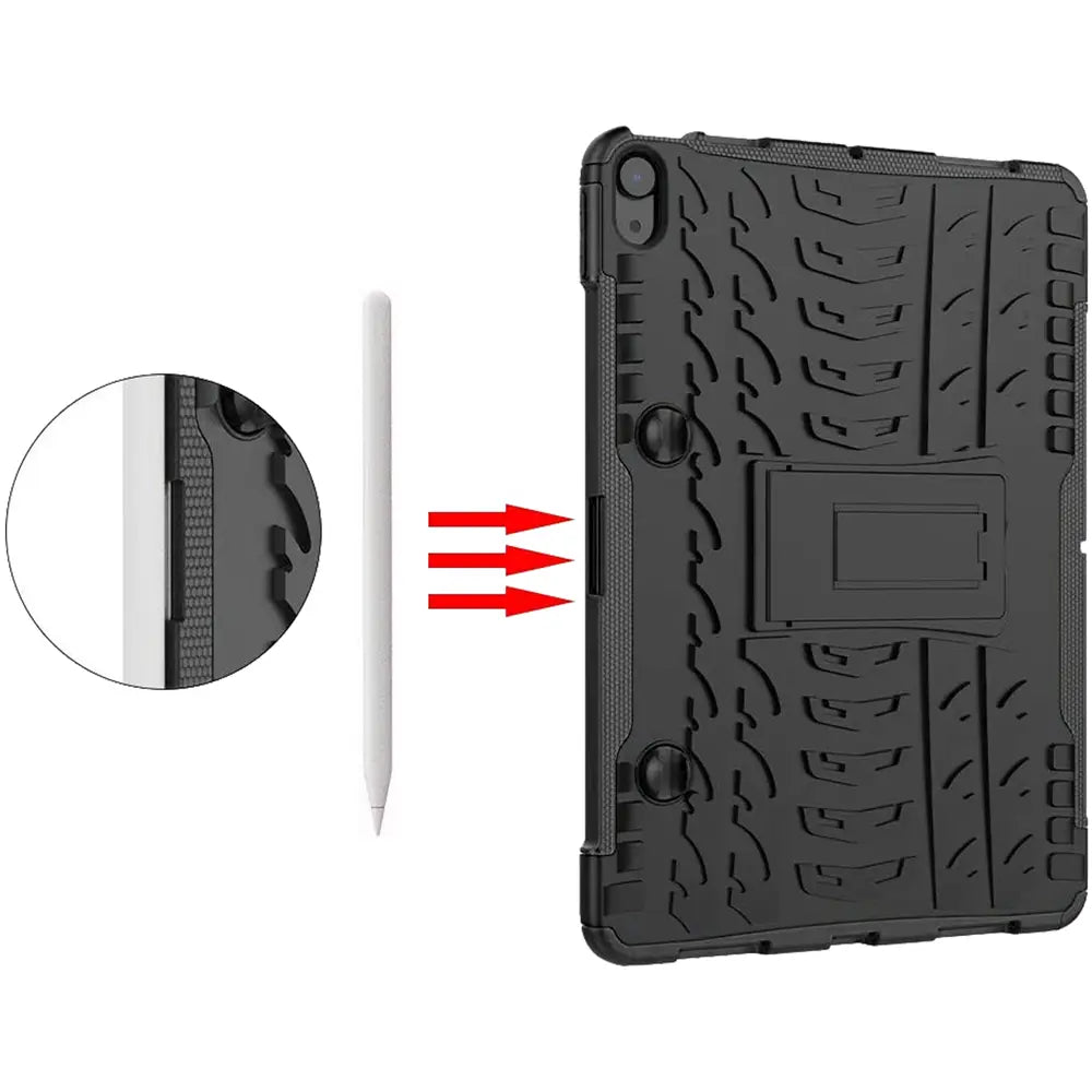 Schwarze Outdoor-Tablet-Hülle aus Gummi mit Ständer, Nahaufnahme des Stiftehalters.