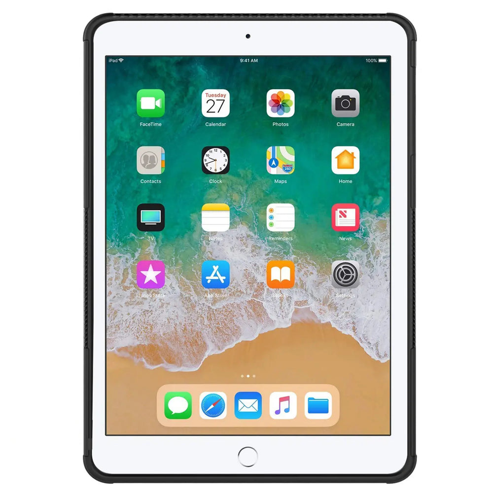 Schwarze Tablet-Hülle aus Kunststoff mit Ständerfunktion, Vorderansicht, zeigt ein geöffnetes iPad.