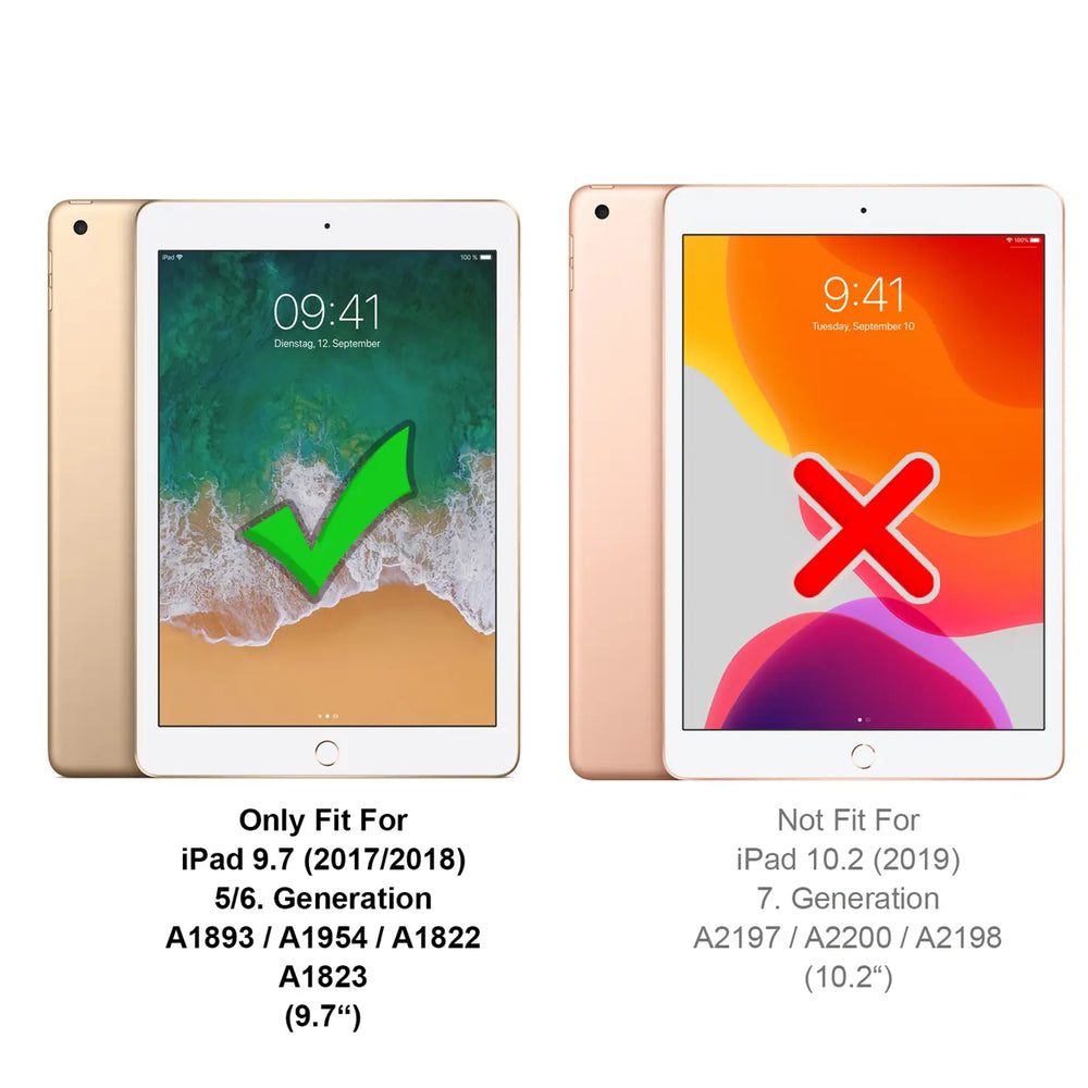 Zwei goldene iPads, eins mit grüner Haken-Grafik, das andere mit rotem Kreuz.