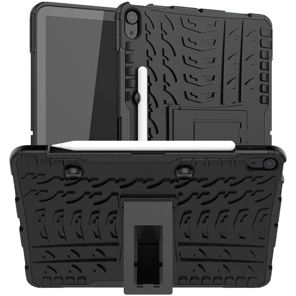Schwarze Outdoor-Hülle aus Gummi für iPad Air (4. Gen.) mit Ständer und Stifthalter.