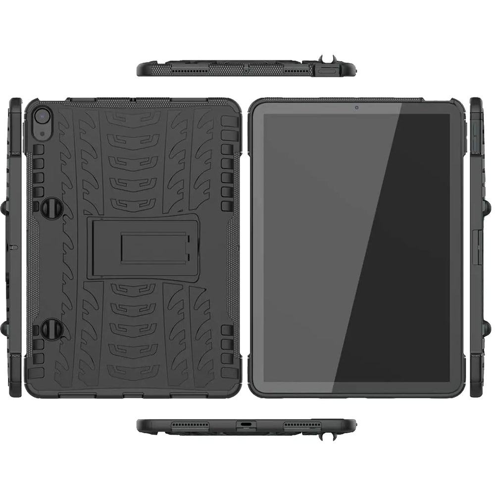 Schwarze Outdoor-Tablet-Hülle aus Gummi mit Ständer, zeigt iPad Air 4. Gen. von vorne, hinten und Seite.