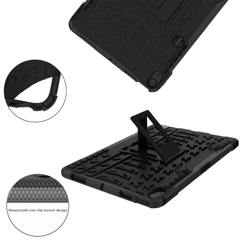 Schwarze Outdoor-Tablet-Hülle aus Gummi mit Ständer für iPad Air (4. Gen.), Seitenansicht.