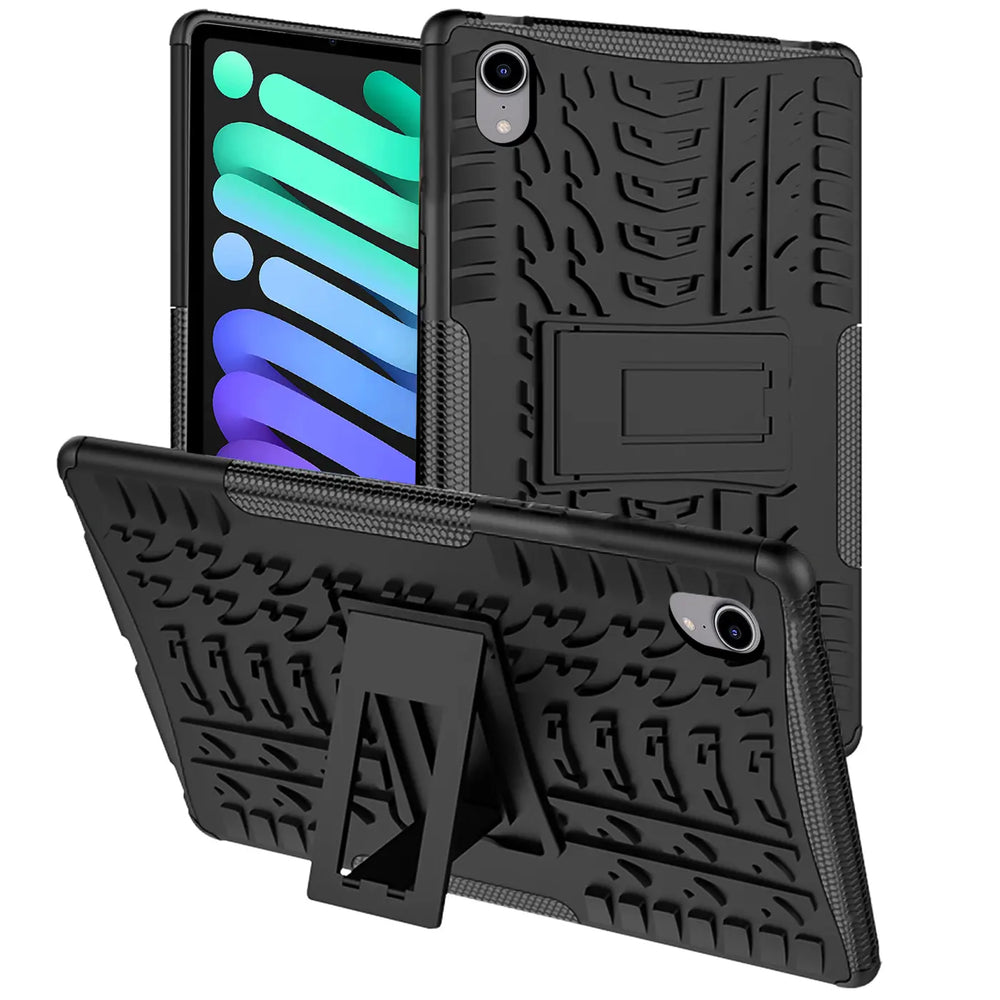 Schwarze Outdoor-Hülle aus Gummi für iPad mini (6. Gen.) mit Ständer, von vorne schräg