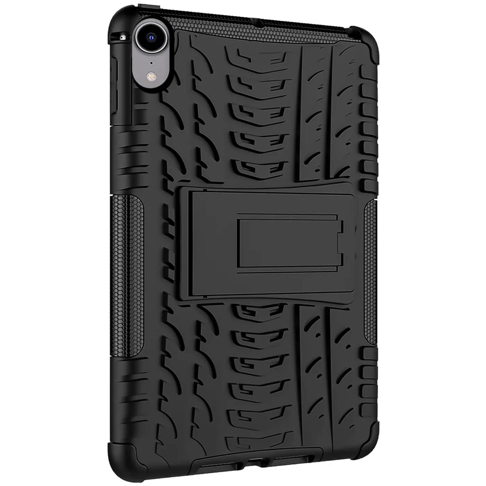 Schwarze Outdoor-Tablet-Hülle aus Gummi mit Ständer für iPad mini 6. Gen., Rückansicht.