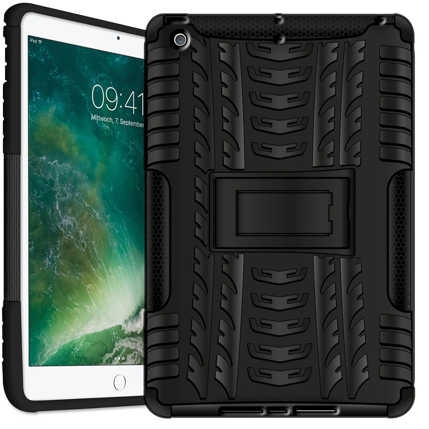Schwarze Outdoor-Hülle mit Ständer für iPad mini, aus Gummi, von vorne links gezeigt.