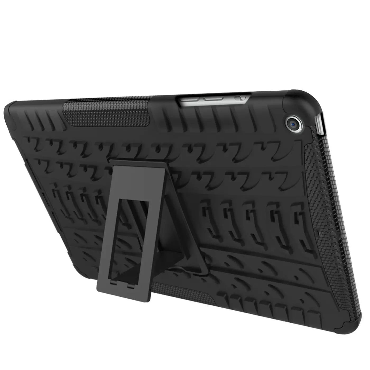 Schwarze Outdoor-Hülle aus Gummi für iPad mini mit ausklappbarem Ständer, Rückansicht.