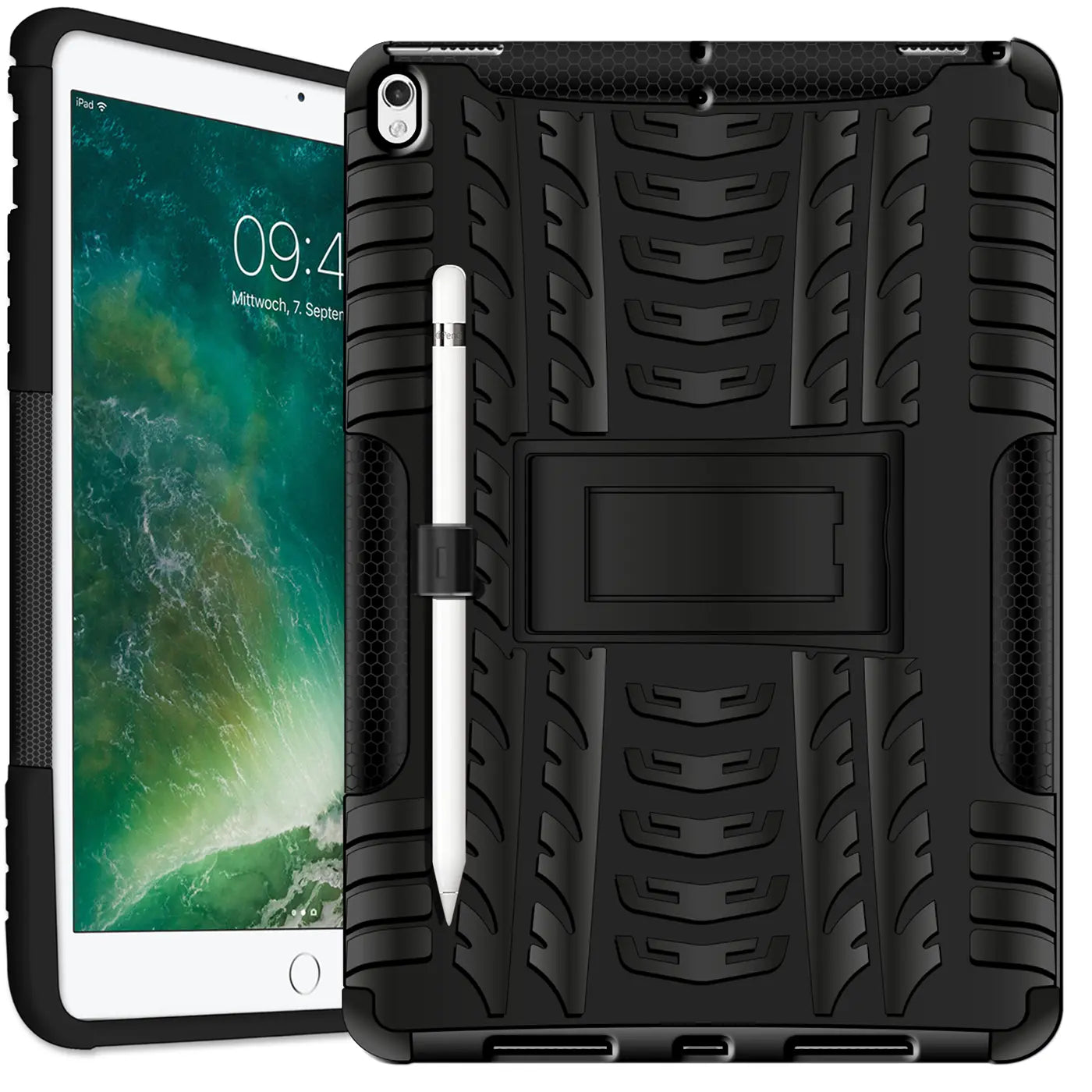 Schwarze Outdoor-Hülle aus Silikon und Kunststoff für 10,5" iPad Pro mit Ständer und Stifthalter, schräg von oben.