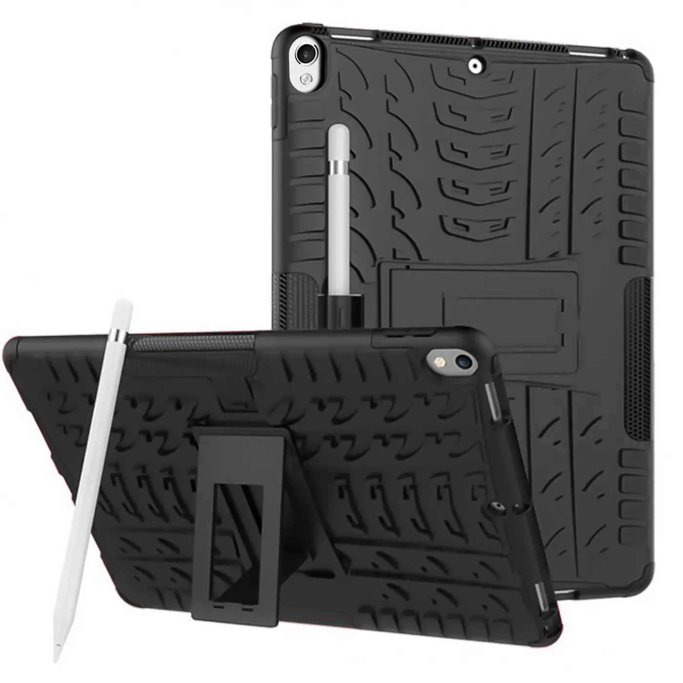 Zwei schwarze, robuste iPad Pro 10,5" Hüllen aus Silikon/TPU mit Ständer und Stifthalter, eine aufrecht, eine geneigt.