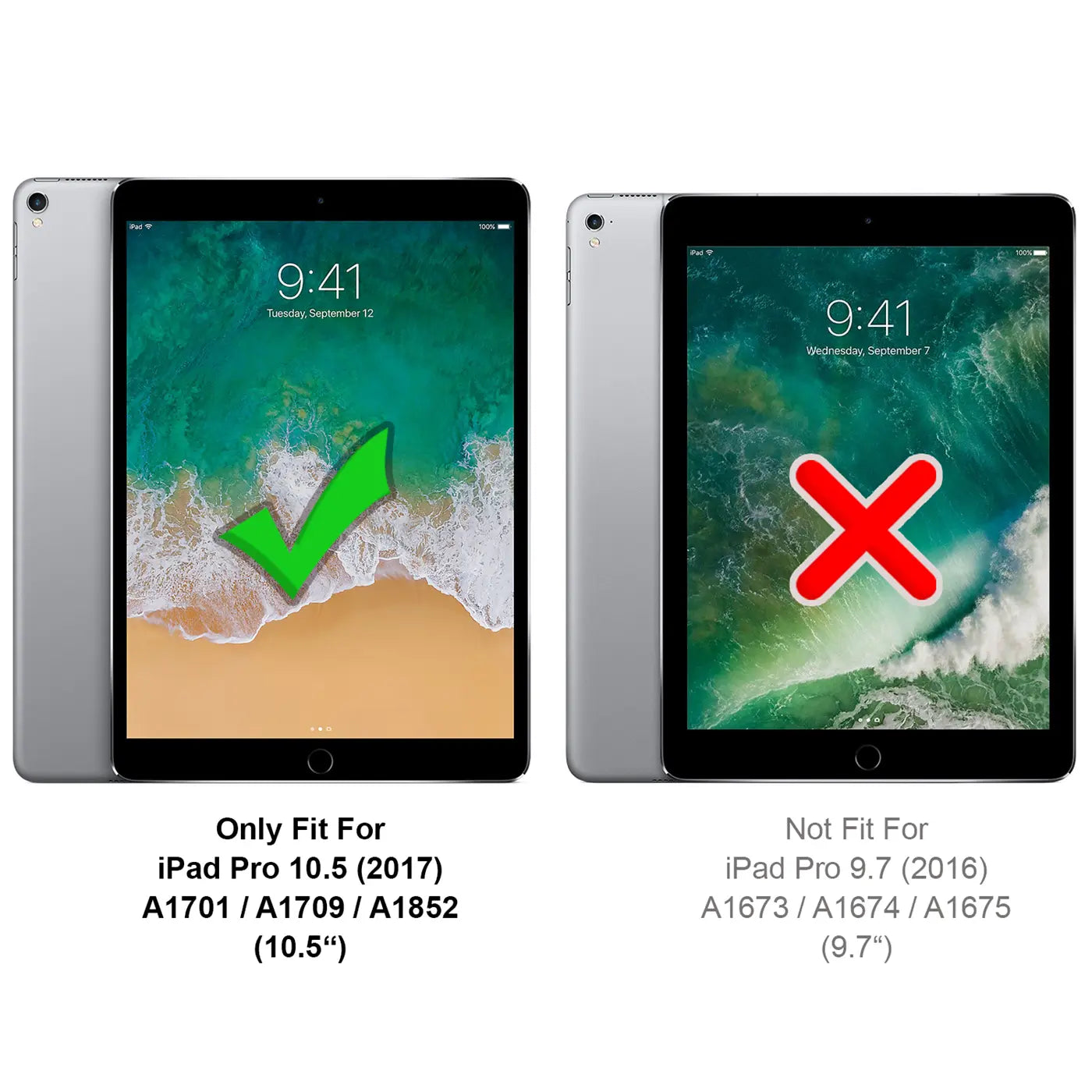 Zwei silberne iPads von vorne: links mit grünem Haken (passt für iPad Pro 10.5), rechts mit rotem X (passt nicht für iPad.