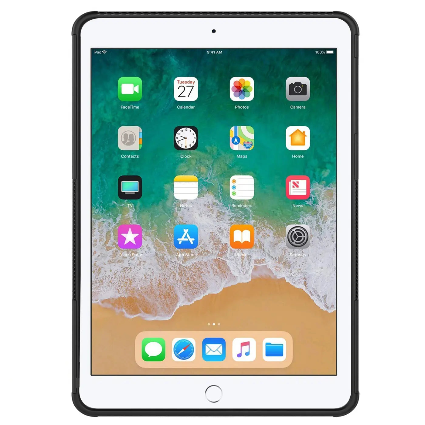 Weißes 10,5" iPad Pro, von vorne, mit schwarzer, strukturierter Outdoor-Hülle aus Kunststoff. Bildschirm zeigt iOS-Icons.