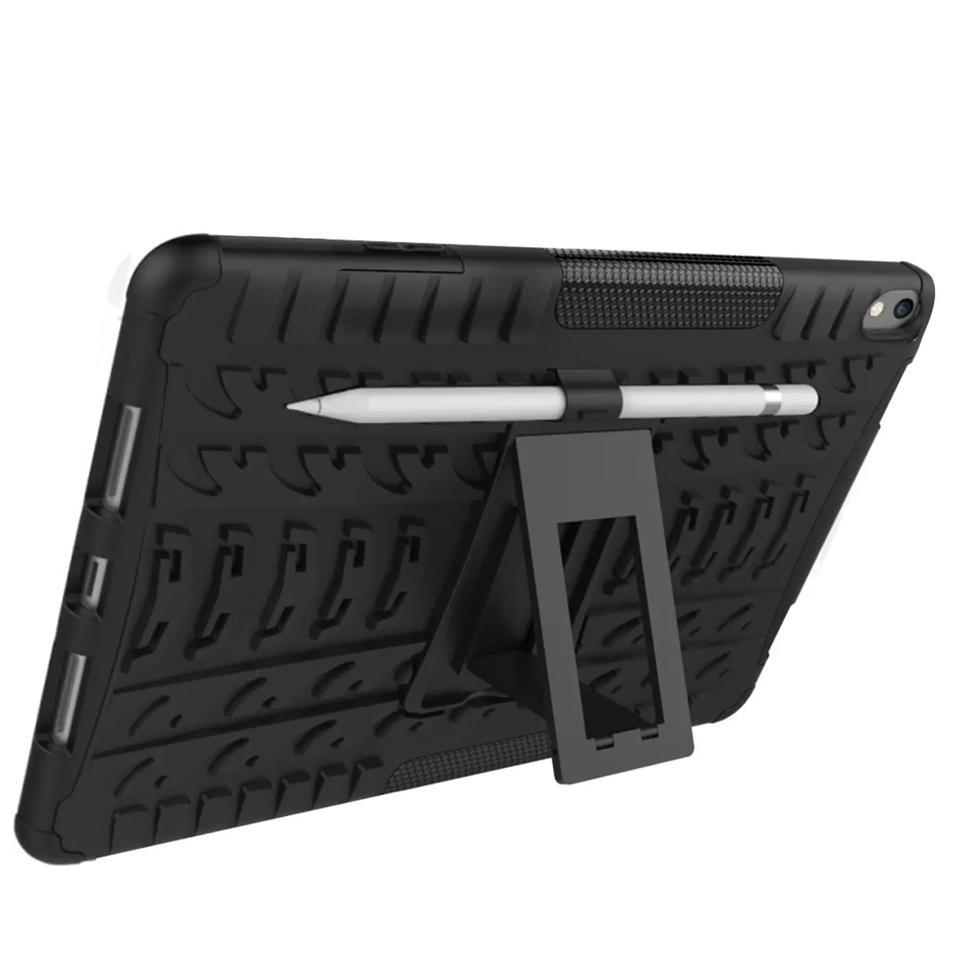 Schwarze Outdoor-Hülle aus Silikon für 10,5" iPad Pro, mit Ständer und Stifthalter, schräg von hinten.