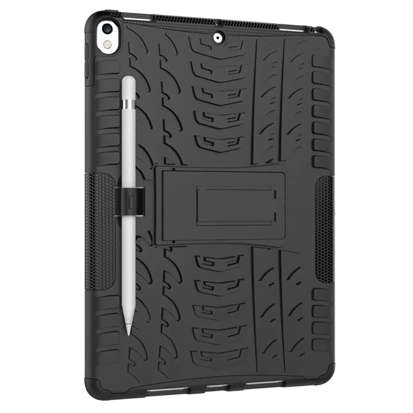 Schwarze, robuste Outdoor-Hülle aus Silikon und Kunststoff für 10,5" iPad Pro, mit Ständer und Apple Pencil Halterung.