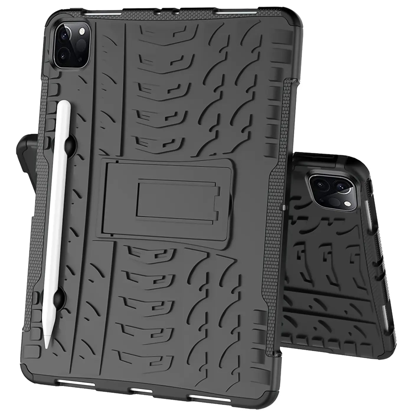 Schwarze Outdoor-Tablet-Hülle aus Silikon für 11" iPad Pro (2. Gen.) mit Ständer und Stifthalter, schräg von vorne.