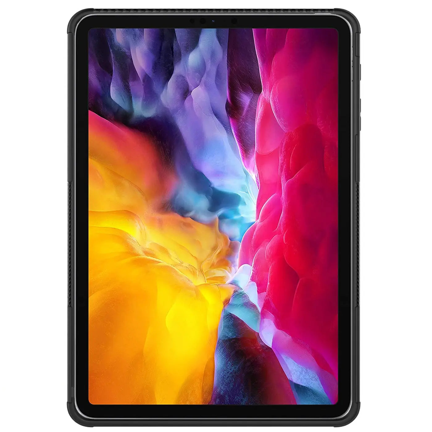 Schwarzes 11" iPad Pro (2. Gen.) in einer schwarzen Outdoor-Hülle aus Gummi/Kunststoff, frontal auf weißem Grund.