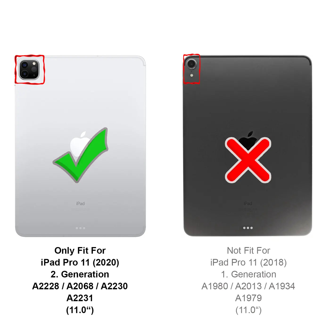 Rückansicht von zwei iPads: links silbernes 11" iPad Pro 2. Gen. mit grünem Haken, rechts graues 11" iPad Pro 1. Gen. mit.
