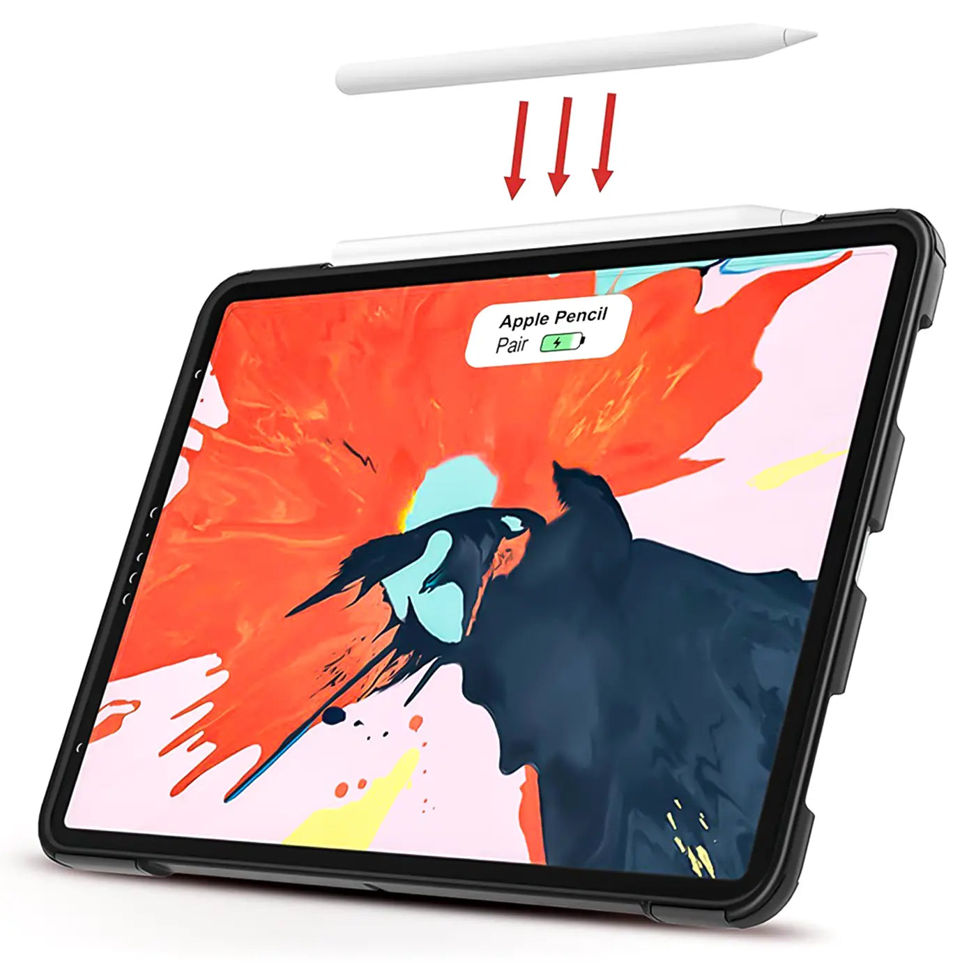 Schwarze Outdoor-Hülle aus Kunststoff für ein 11" iPad Pro (2. Gen.) mit Apple Pencil-Halterung, schräg von vorne.