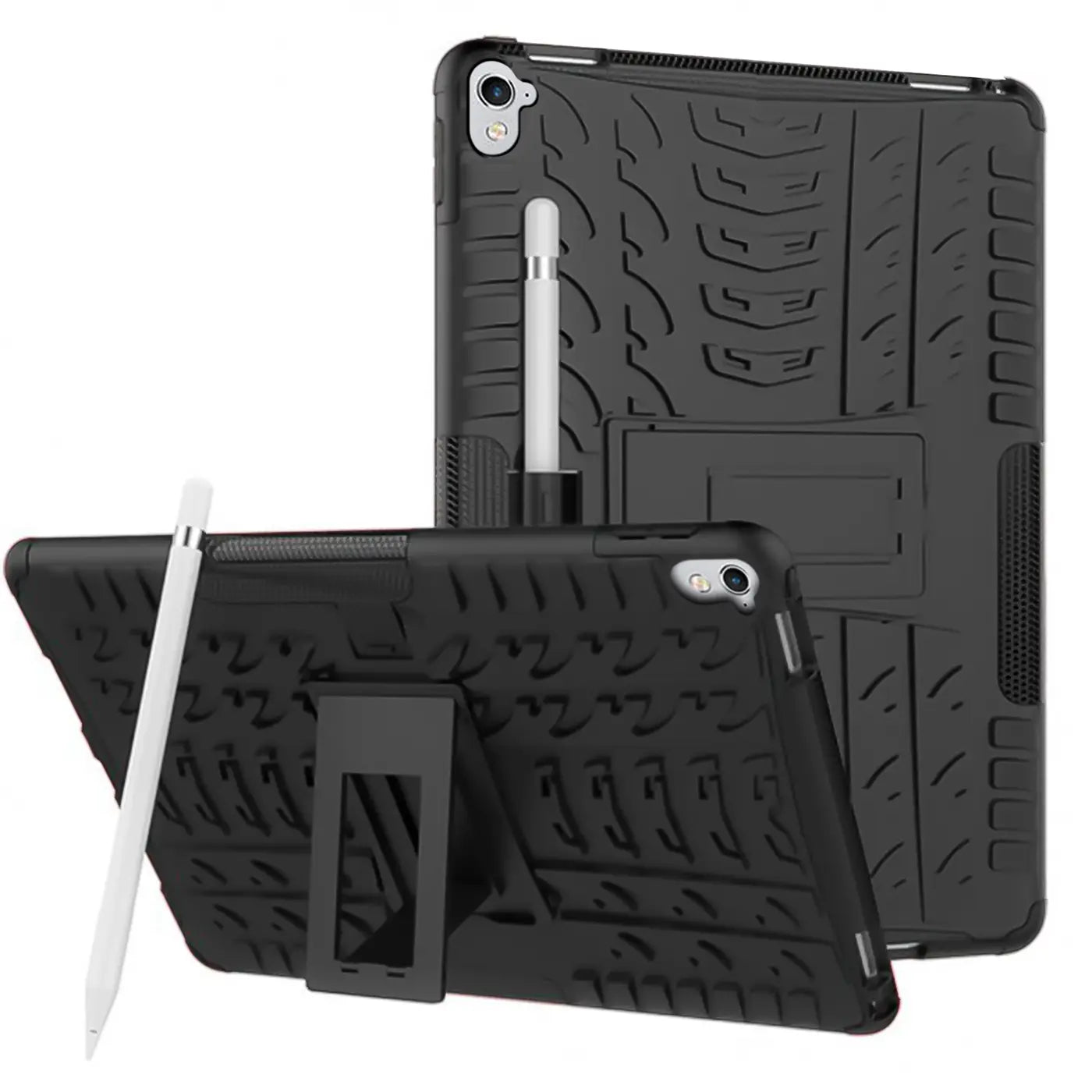 Zwei schwarze, robuste iPad Pro 9,7" Hüllen aus Silikon/TPU mit Ständer und Stifthalter, eine davon mit weißem Stift.