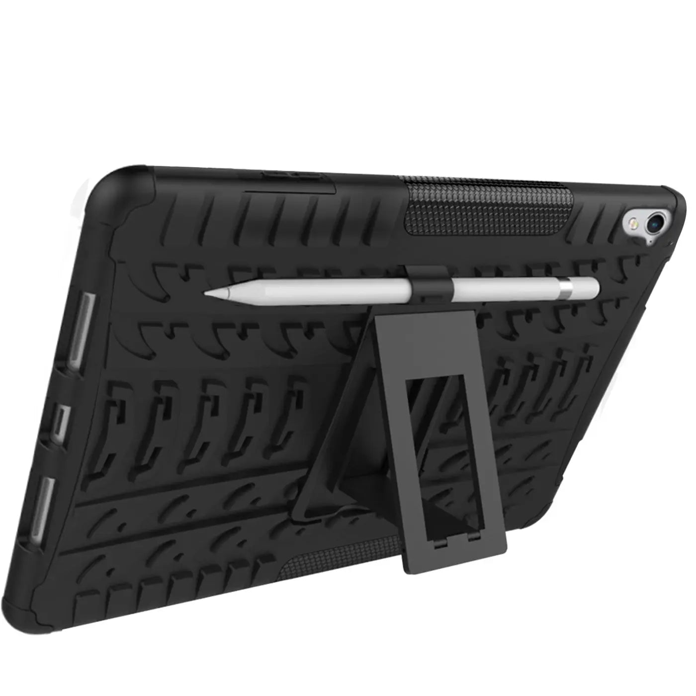 Schwarze, robuste Outdoor-Tablet-Hülle aus Silikon für 9,7" iPad Pro mit Ständer und Stifthalter, schräg von hinten.