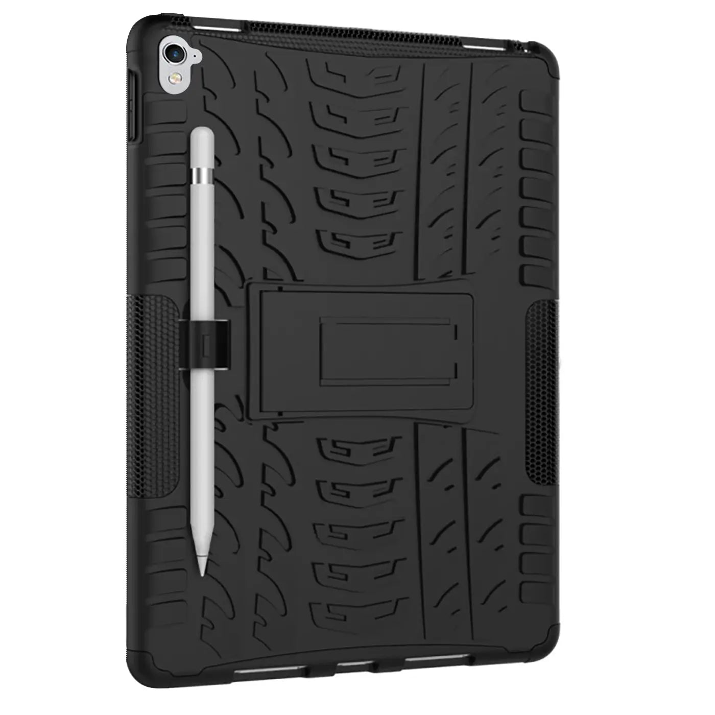Schwarze, robuste Silikonhülle für ein iPad Pro 9,7" mit Ständer und Stifthalter, schräg von hinten.