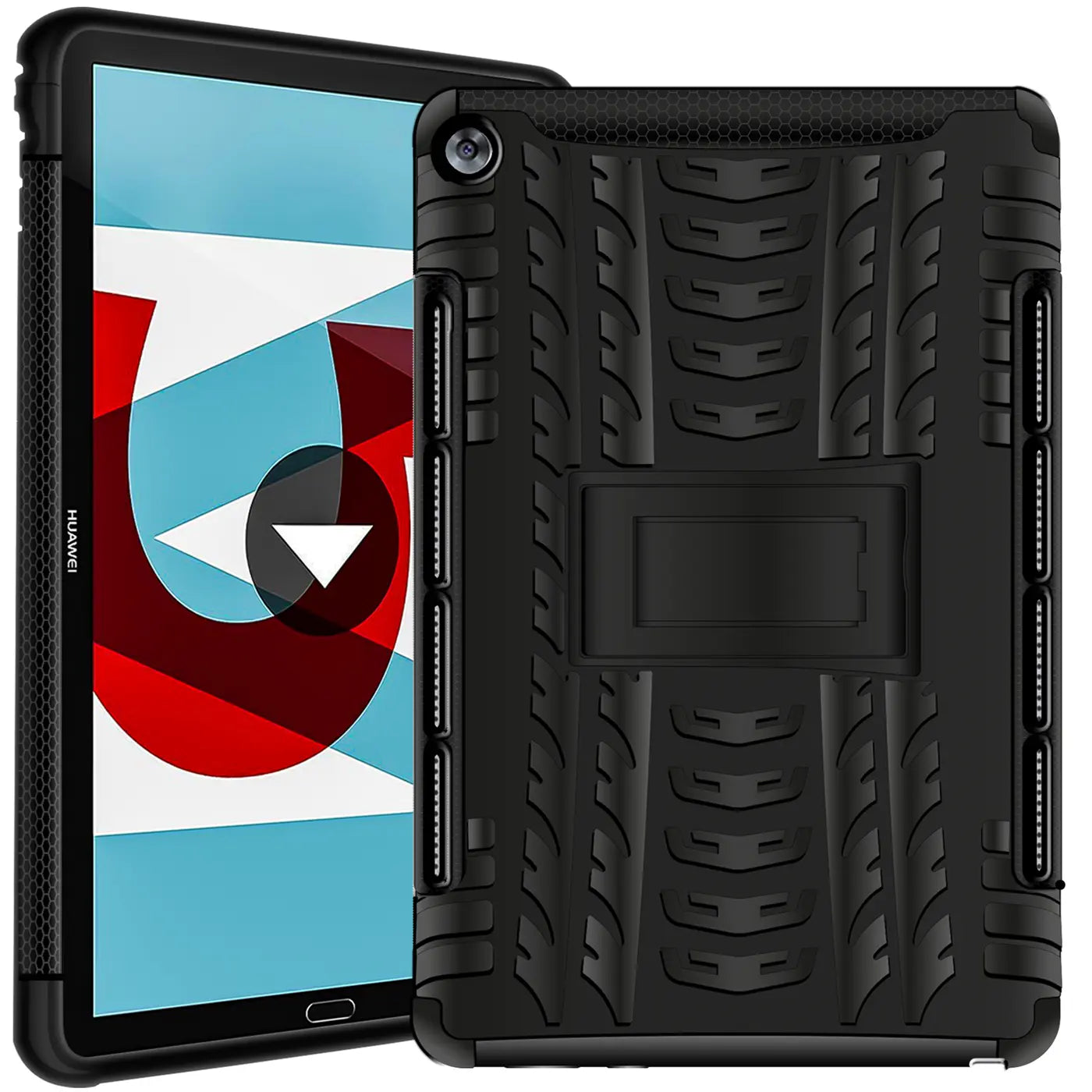Schwarze Outdoor-Hülle aus Gummi mit Ständer für Huawei MediaPad M5 10.8, von vorne links gezeigt.