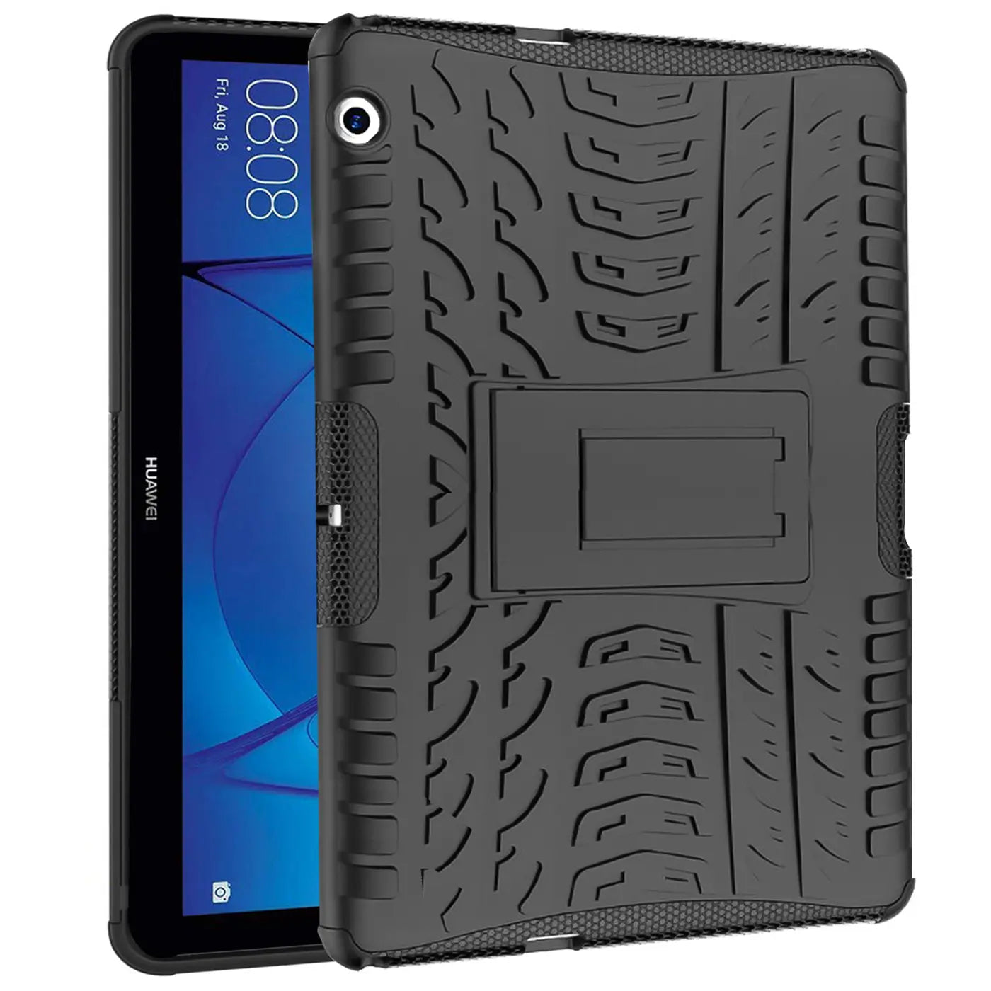 Schwarze Tablet-Hülle aus Gummi mit Ständer für Huawei Mediapad T3 10, von vorne schräg.
