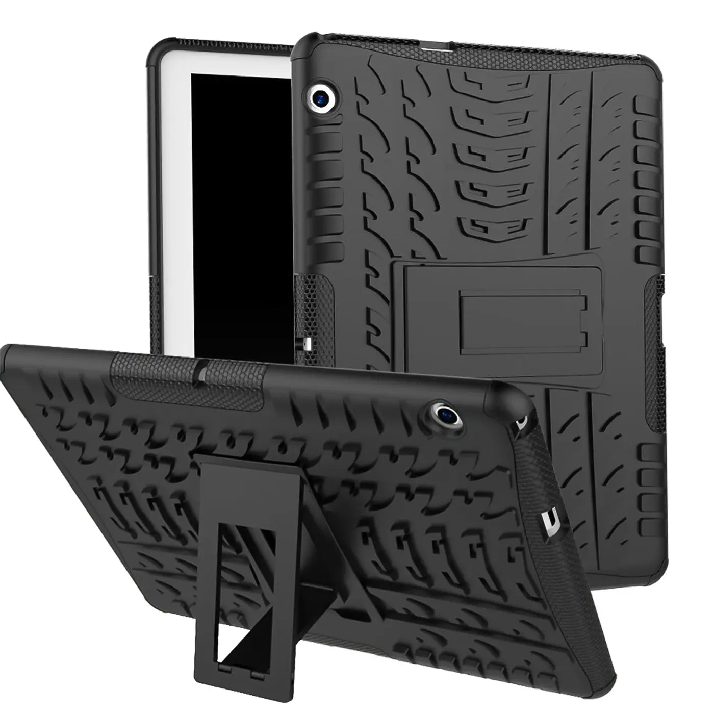 Schwarze Outdoor-Tablet-Hülle aus Gummi mit Ständer für Huawei MediaPad T3 10, von vorne schräg