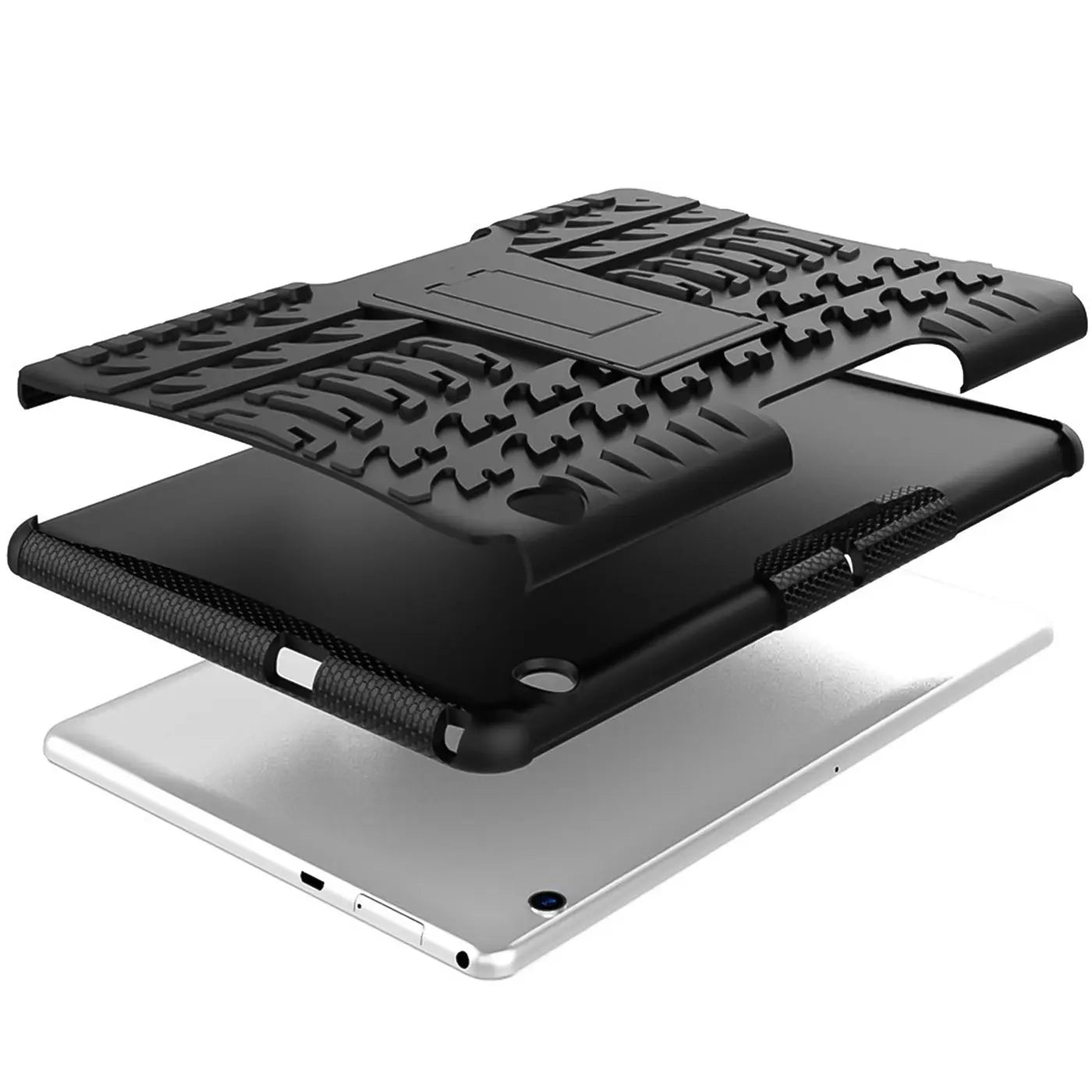 Schwarze Outdoor-Tablet-Hülle aus Gummi mit Ständer, auf einem silbernen Huawei Mediapad T3 10, von vorne unten.
