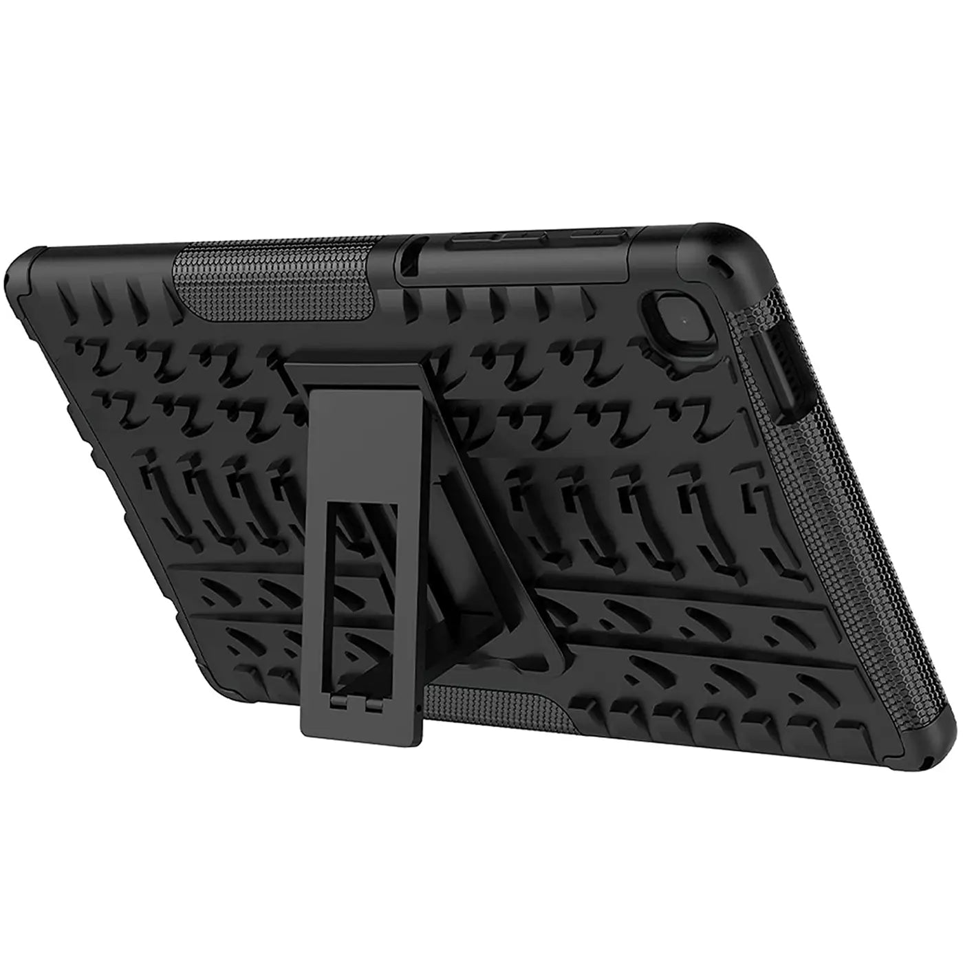 Schwarze Outdoor-Hülle aus Gummi mit Ständer für Samsung Galaxy Tab A7 Lite 8.7, Rückansicht.