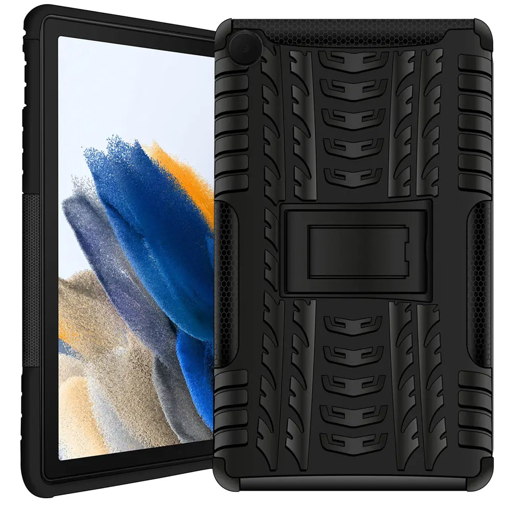 Schwarze Outdoor-Hülle aus Gummi mit Ständer für ein Samsung Galaxy Tab A8, von vorne schräg gezeigt.