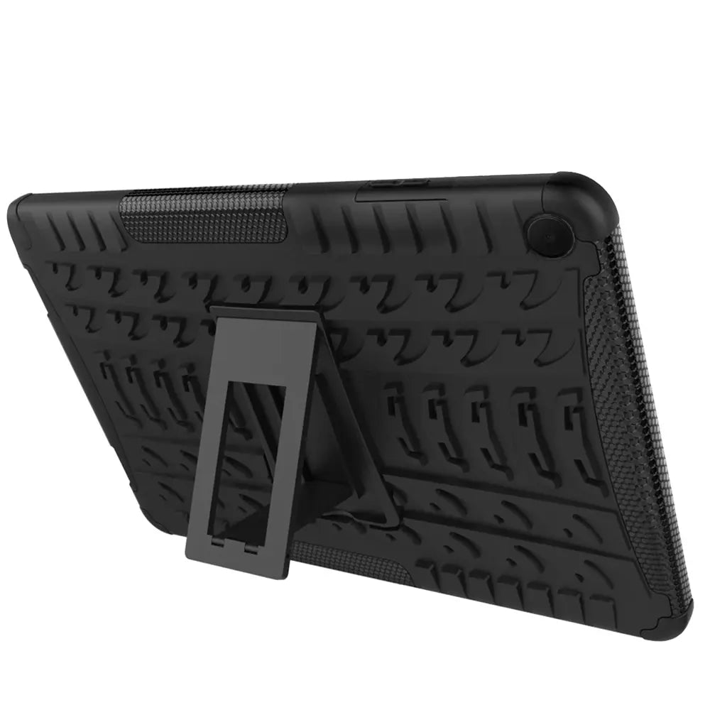 Schwarze Outdoor-Tablet Hülle aus Gummi mit Ständer für Samsung Galaxy Tab A8, Rückansicht.