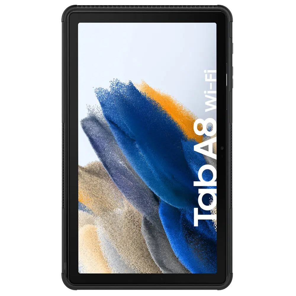 Schwarze Outdoor-Hülle für Samsung Galaxy Tab A8, Vorderansicht, robustes Material.