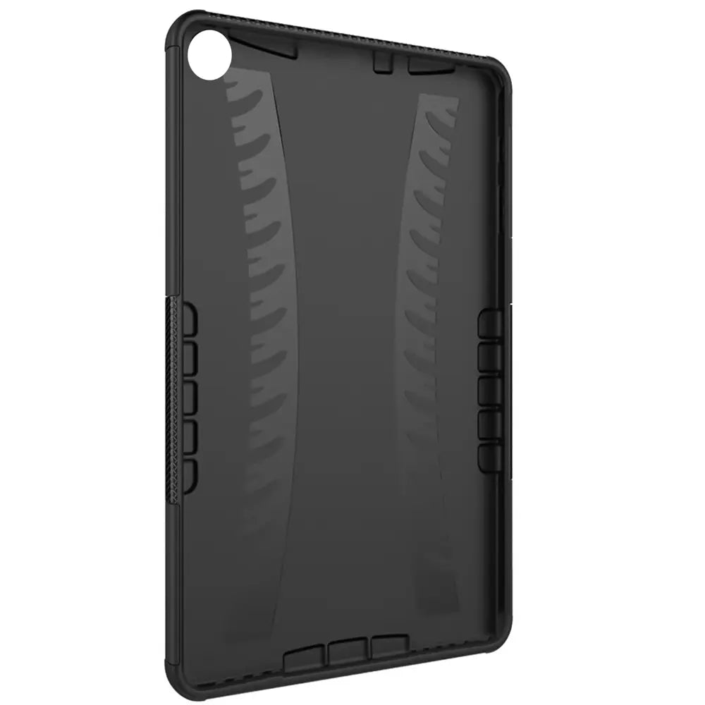 Schwarze Outdoor-Hülle für Samsung Galaxy Tab A8, Rückseite mit Ständerfunktion, von schräg oben