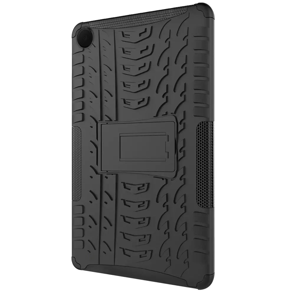 Schwarze Outdoor-Hülle aus Gummi mit Ständer für Samsung Galaxy Tab A8, Rückansicht.