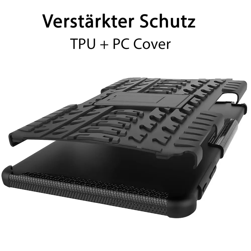 Schwarze TPU+PC Hülle mit Ständer für Samsung Galaxy Tab A8, Seitenansicht.