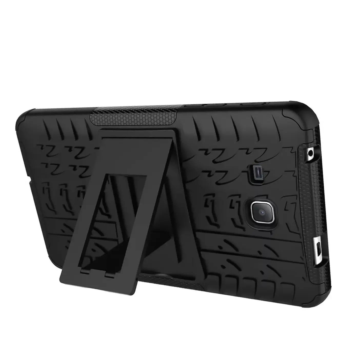 Schwarze Outdoor-Hülle aus Gummi für Samsung Galaxy Tab A 7.0 2016 mit integriertem Ständer, Rückansicht.