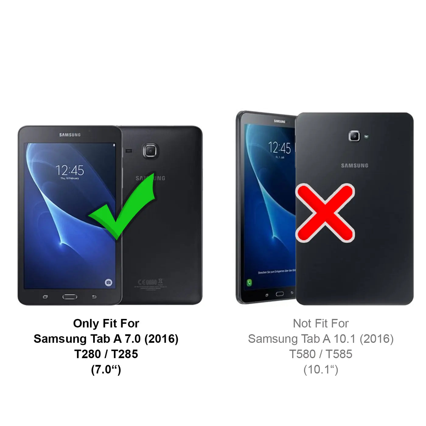 Zwei schwarze Samsung Tablets, eines mit grünem Haken, das andere mit rotem Kreuz.