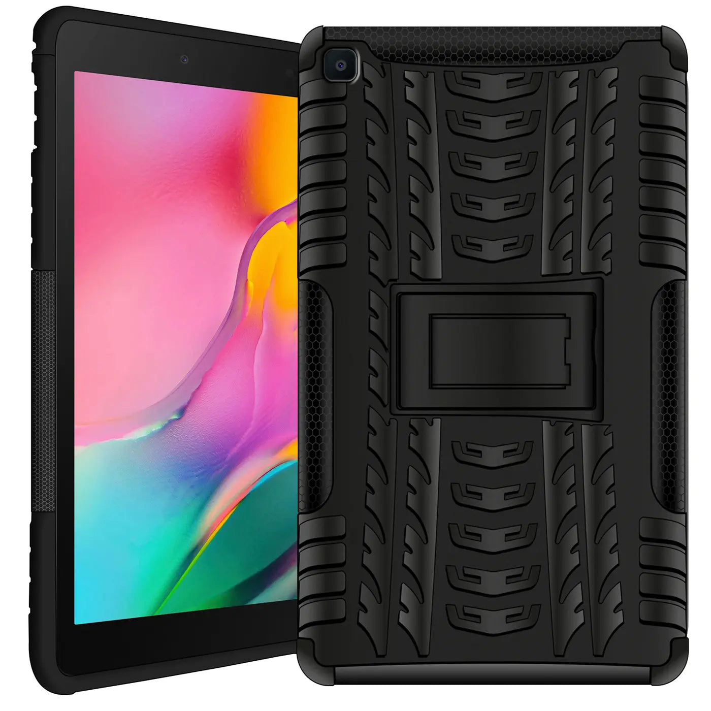 Schwarze Outdoor-Hülle aus Gummi mit Ständer für Samsung Galaxy Tab A 8.0 2019, Seitenansicht.