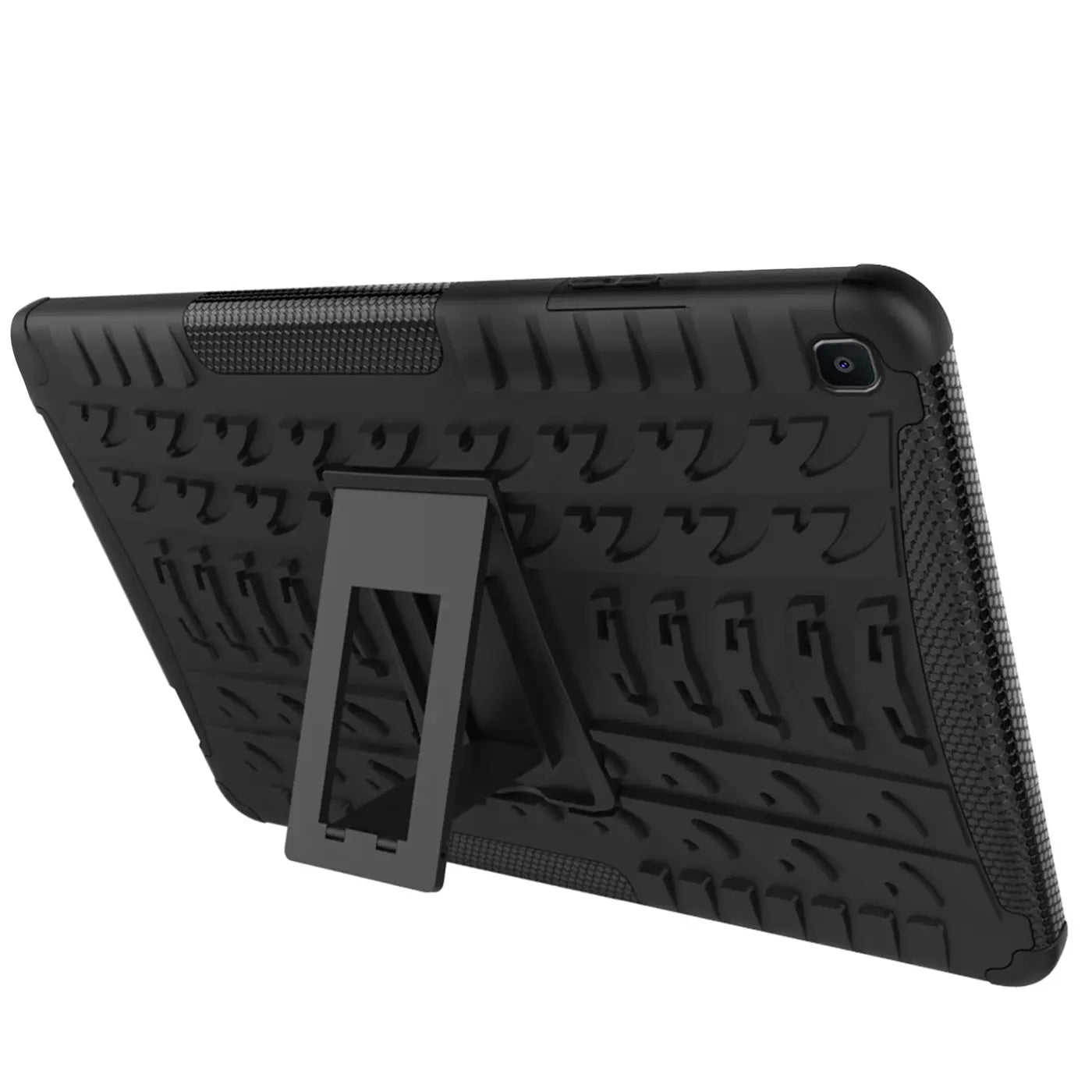 Schwarze Outdoor-Tablet-Hülle aus Gummi mit Ständer, Rückansicht, Samsung Galaxy Tab A 8.0 2019.