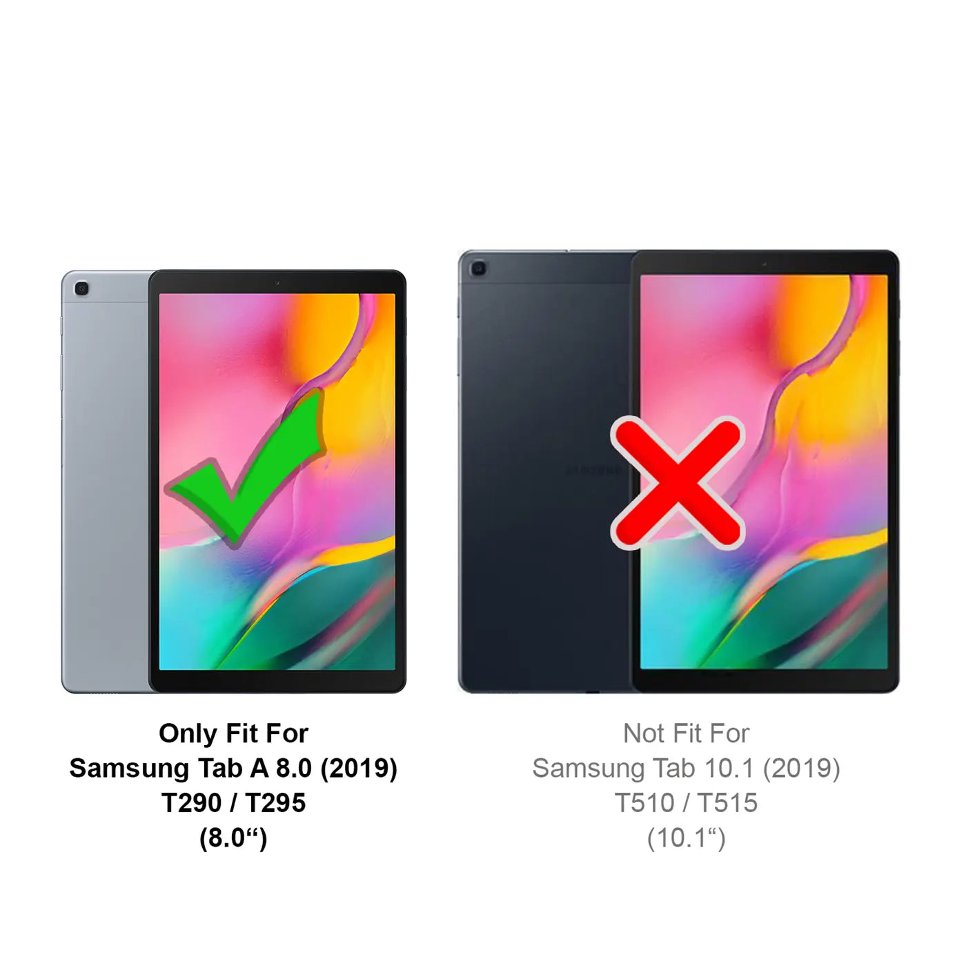 Zwei Samsung Tablets: links ein silbernes Tab A 8.0 (2019) mit Häkchen, rechts ein blaues Tab 10.1 (2019) mit Kreuz.