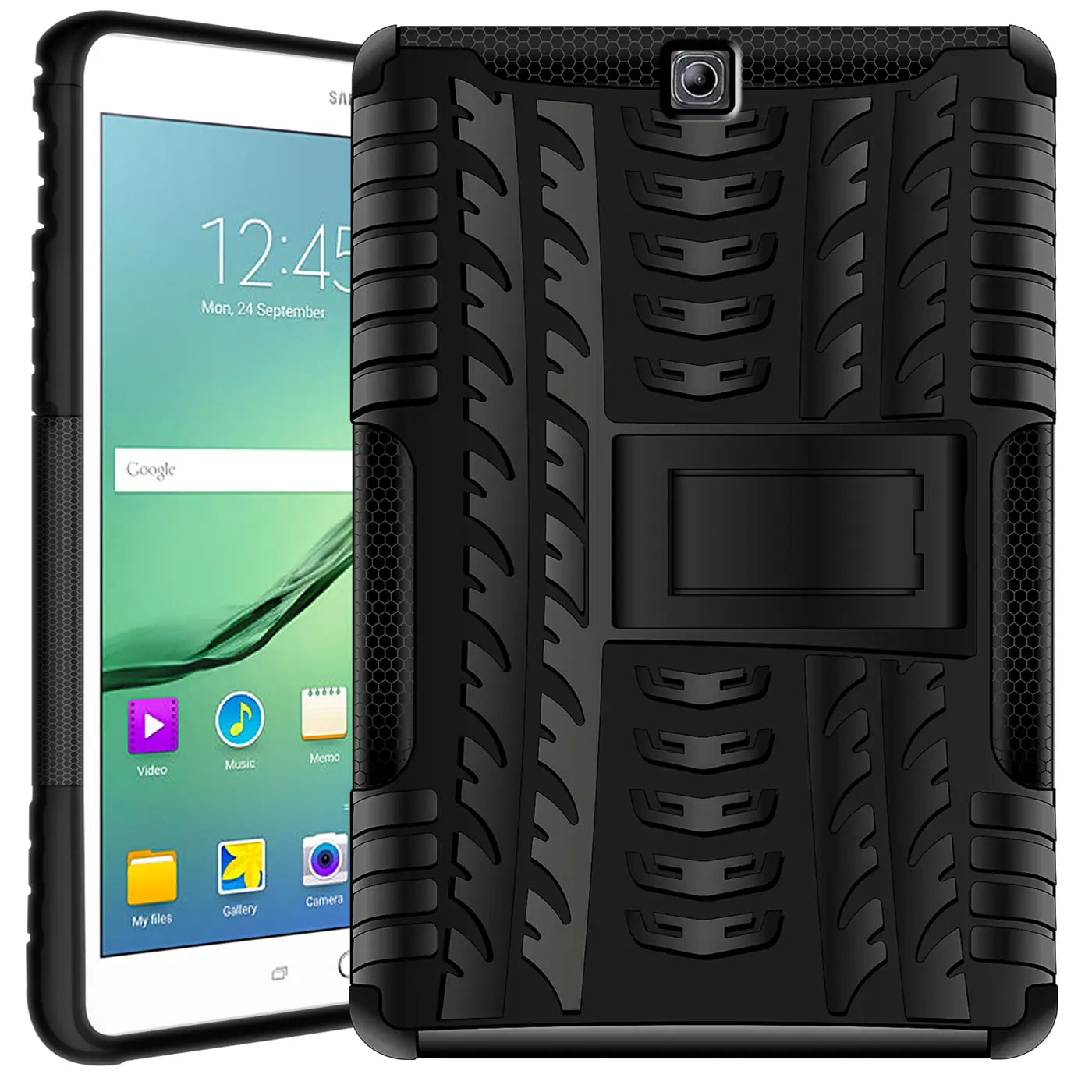 Schwarze Outdoor-Hülle aus Gummi mit Ständer für Samsung Galaxy Tab S2 9.7, Vorder- und Rückansicht