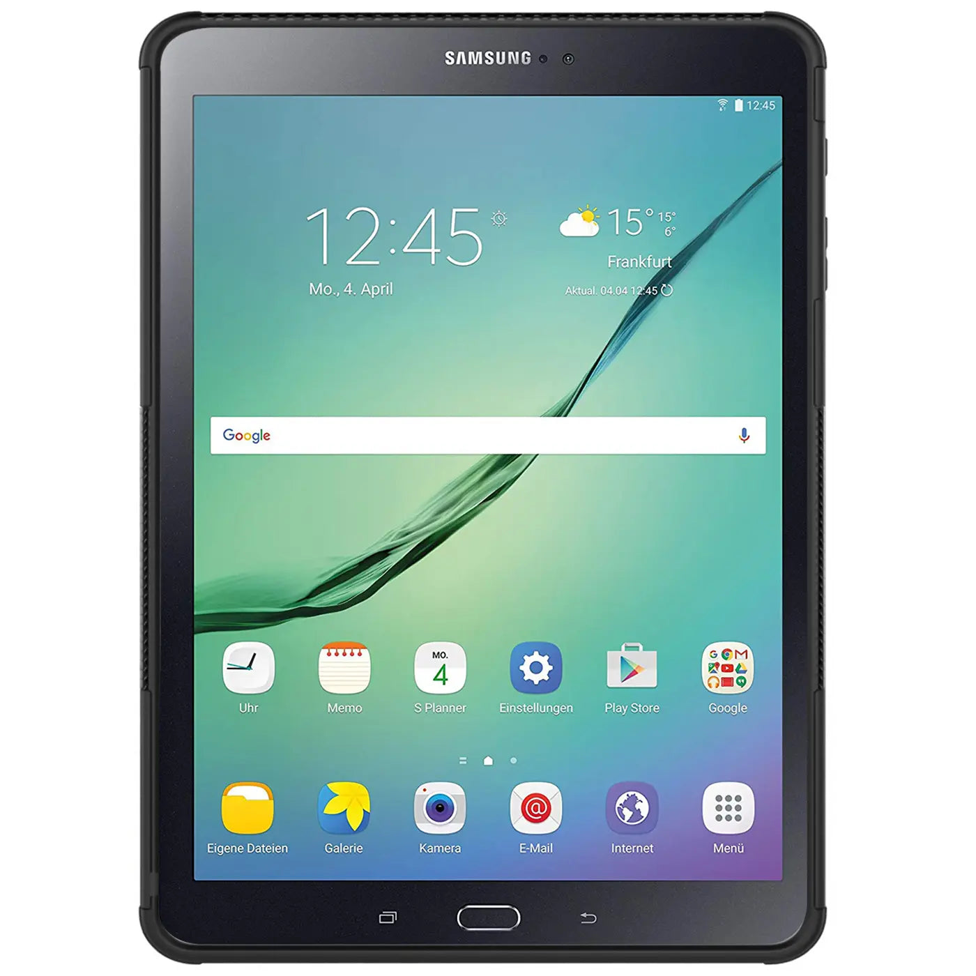 Schwarze Outdoor-Hülle aus Gummi um ein Samsung Galaxy Tab S2 9.7. Frontalansicht.