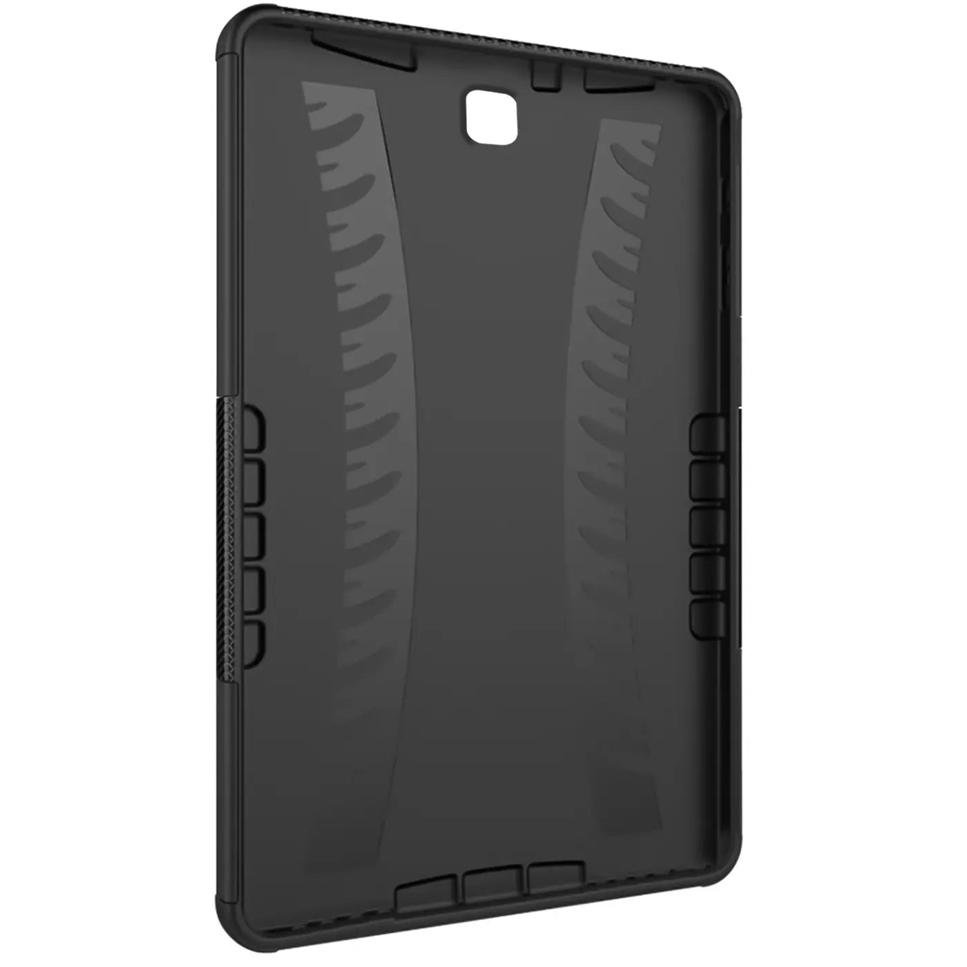 Schwarze Tablet-Hülle aus Kunststoff, Rückseite mit Muster, von schräg oben.