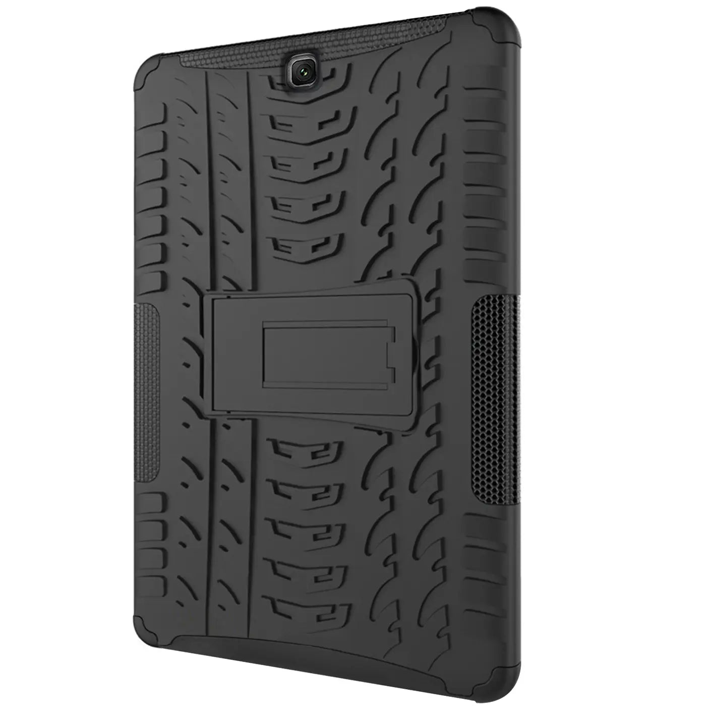 Schwarze Tablet Hülle aus Gummi mit Ständer für Samsung Galaxy Tab S2 9.7, Rückansicht.