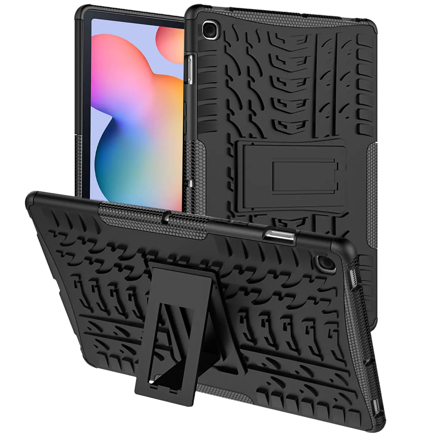 Schwarze Outdoor-Hülle aus Gummi für Samsung Tab S6 10.4 mit Ständer, von vorne und schräg