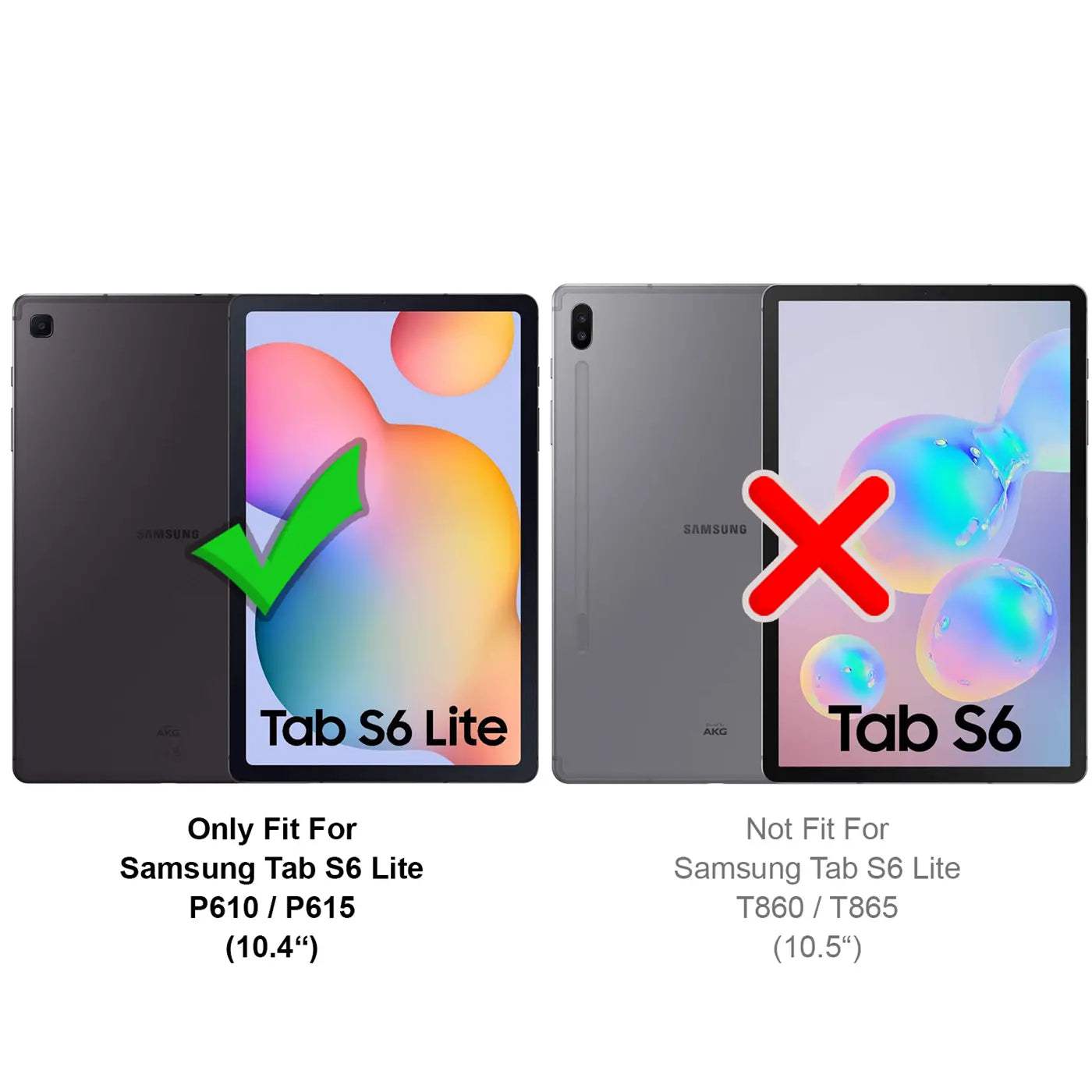 Zwei Samsung Tablets, links Tab S6 Lite (passend), rechts Tab S6 (nicht passend).